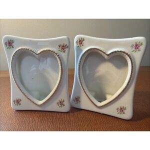 Vtg Set Of White Porcelain Heart Shaped Picture Frames Floral Accent 3x4 Cottage